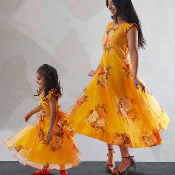 Floral Print Yellow Organza Below-Knee Dress | Muvvas Boutique - Picture 5 of 5